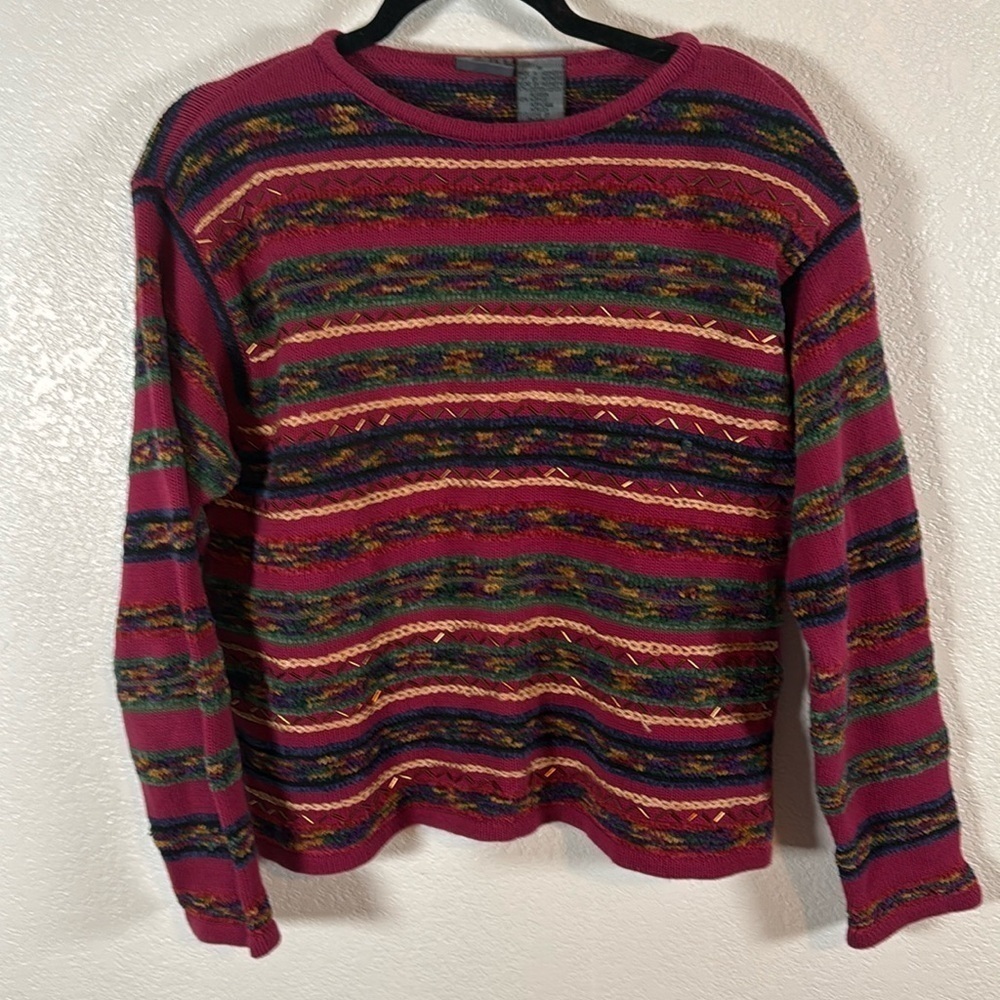 Liz Wear Vintage 90s 3-D Knit Chenille Beaded Sweater Size Medium